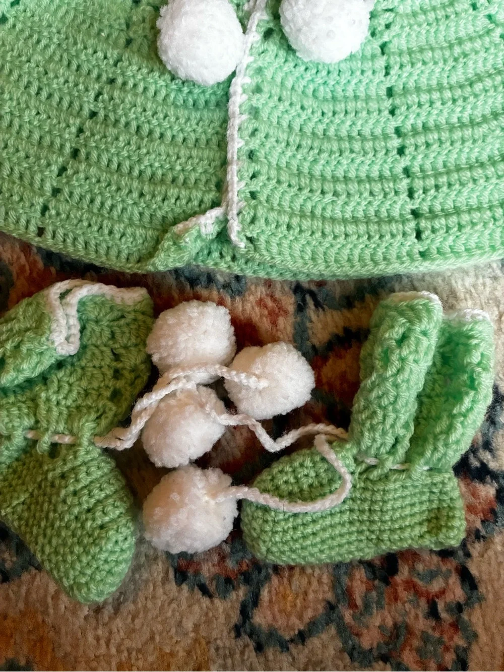 Hand-Crocheted Mint Green Baby Sweater, Bonnet & Booties Set (3-6 months)